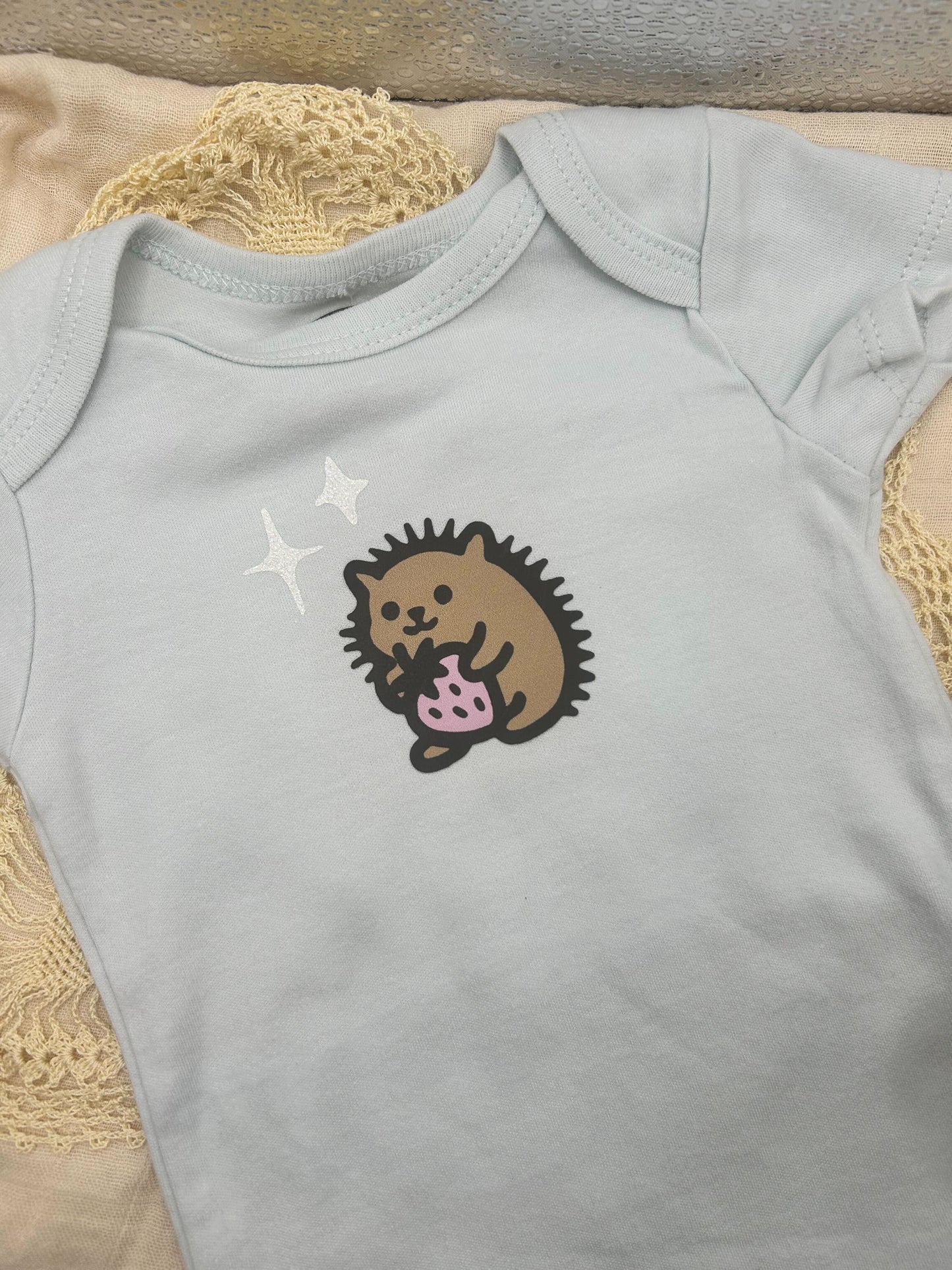 Short Sleeve Onesie - Hedgehog Strawberry with Sparkles - Blue