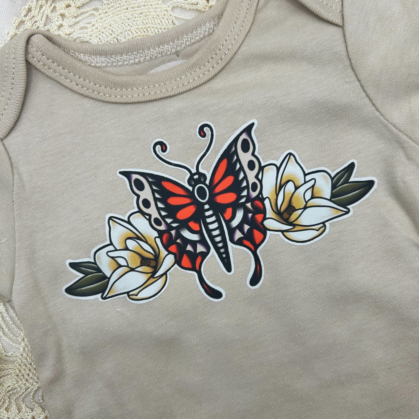 Short Sleeve Onesie - Butterfly and Flowers - Brown