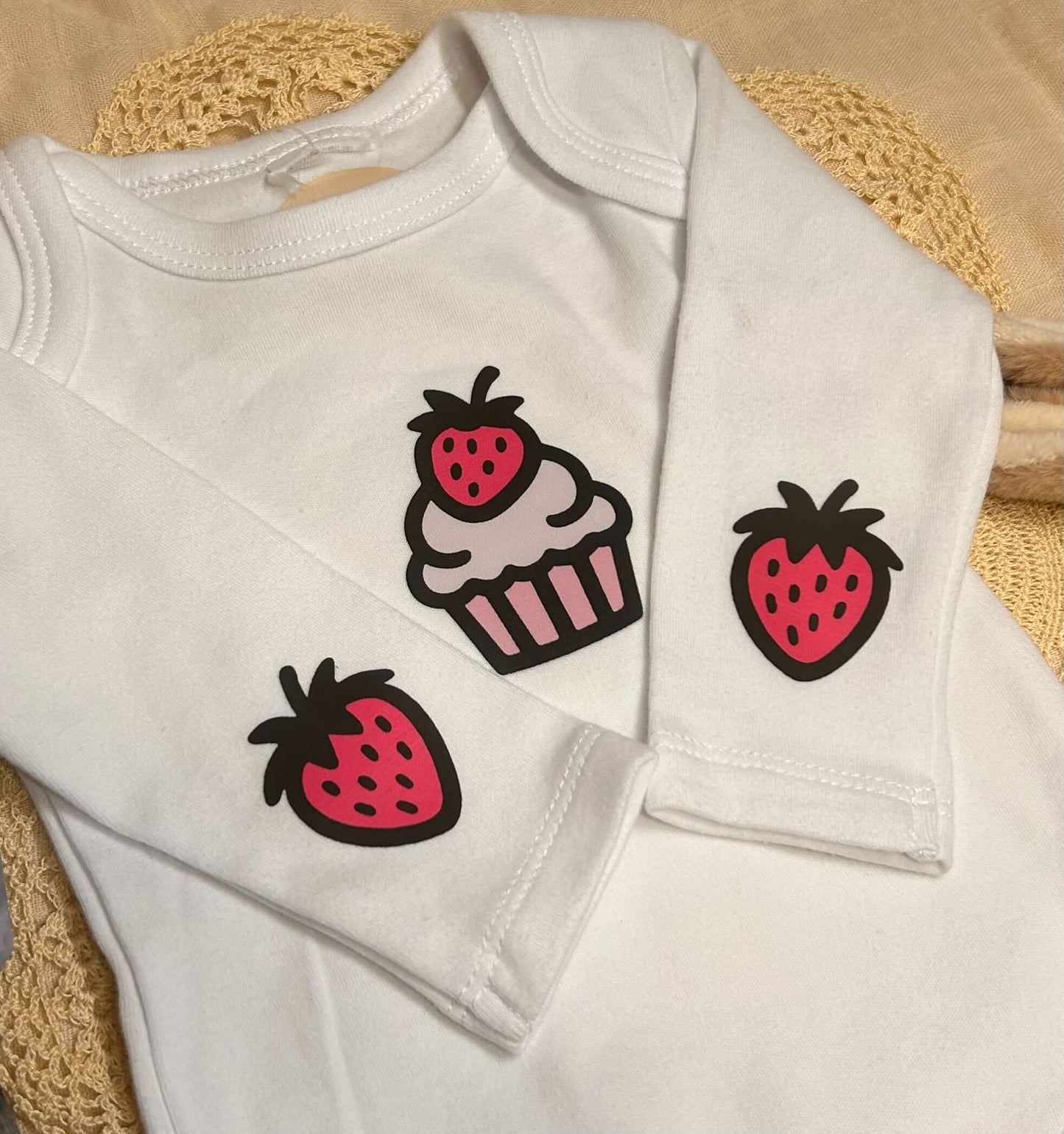 Long Sleeve Onesie - White Cupcake and Strawberries