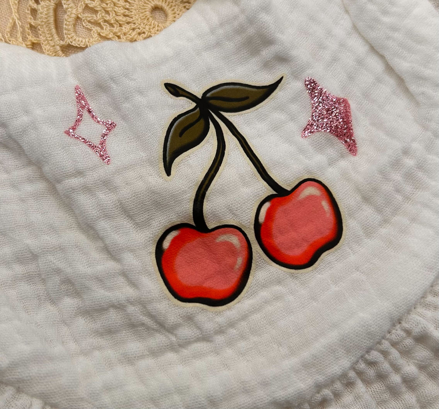 Muslin Frill Bib - White Cherry with Sparkles