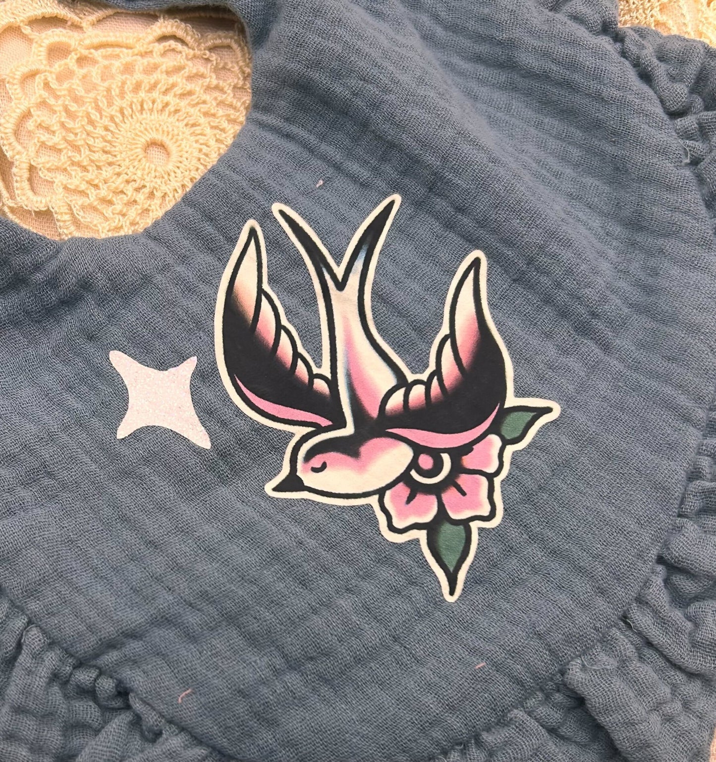 Muslin Frill Bib - Blue Blossom and Swallow with Sparkles