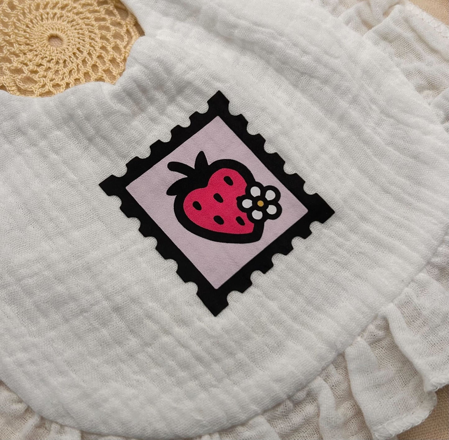 Muslin Frill Bib - White Strawberry Stamps