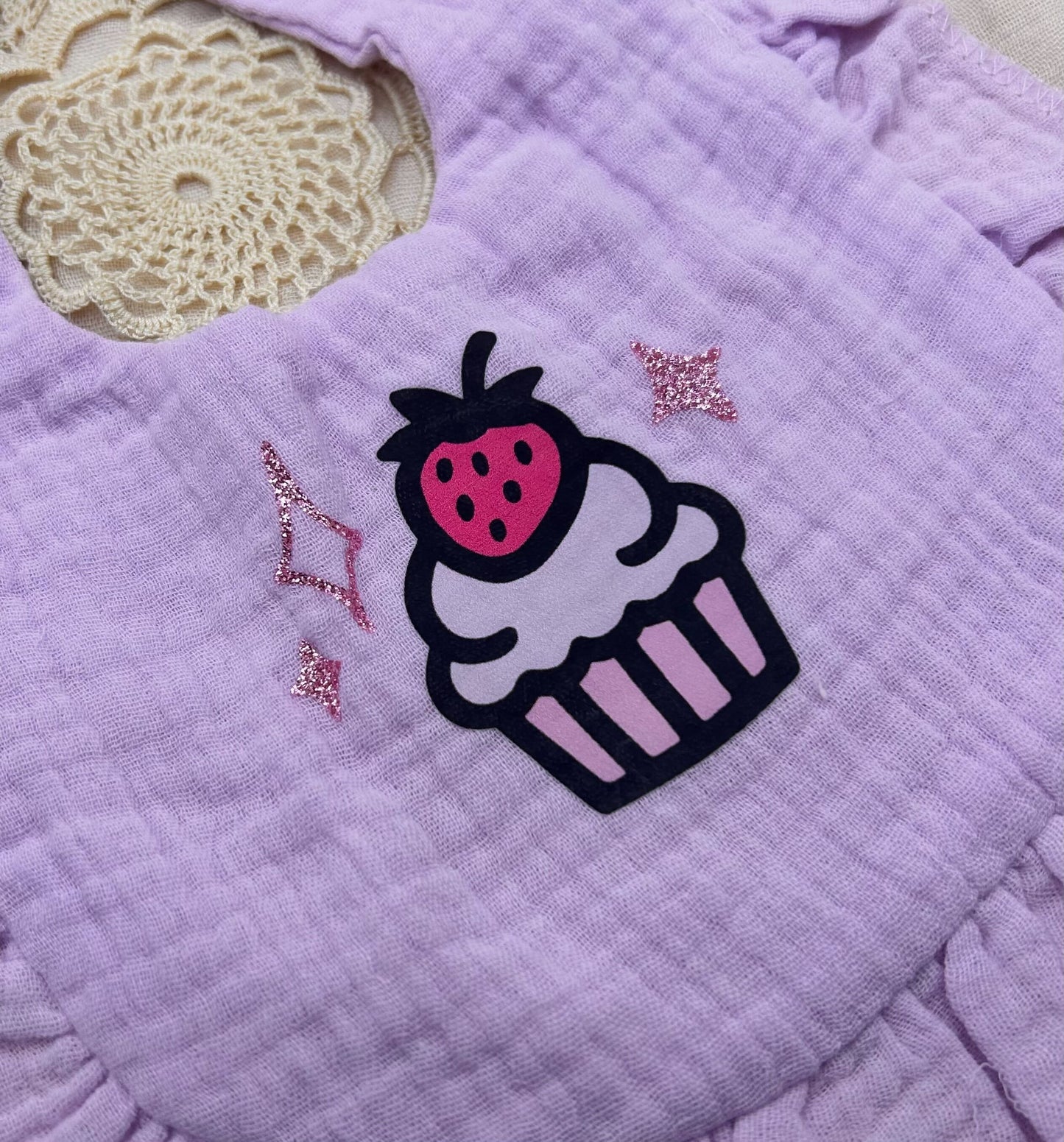 Muslin Frill Bib - Lilac Cupcake with Sparkles