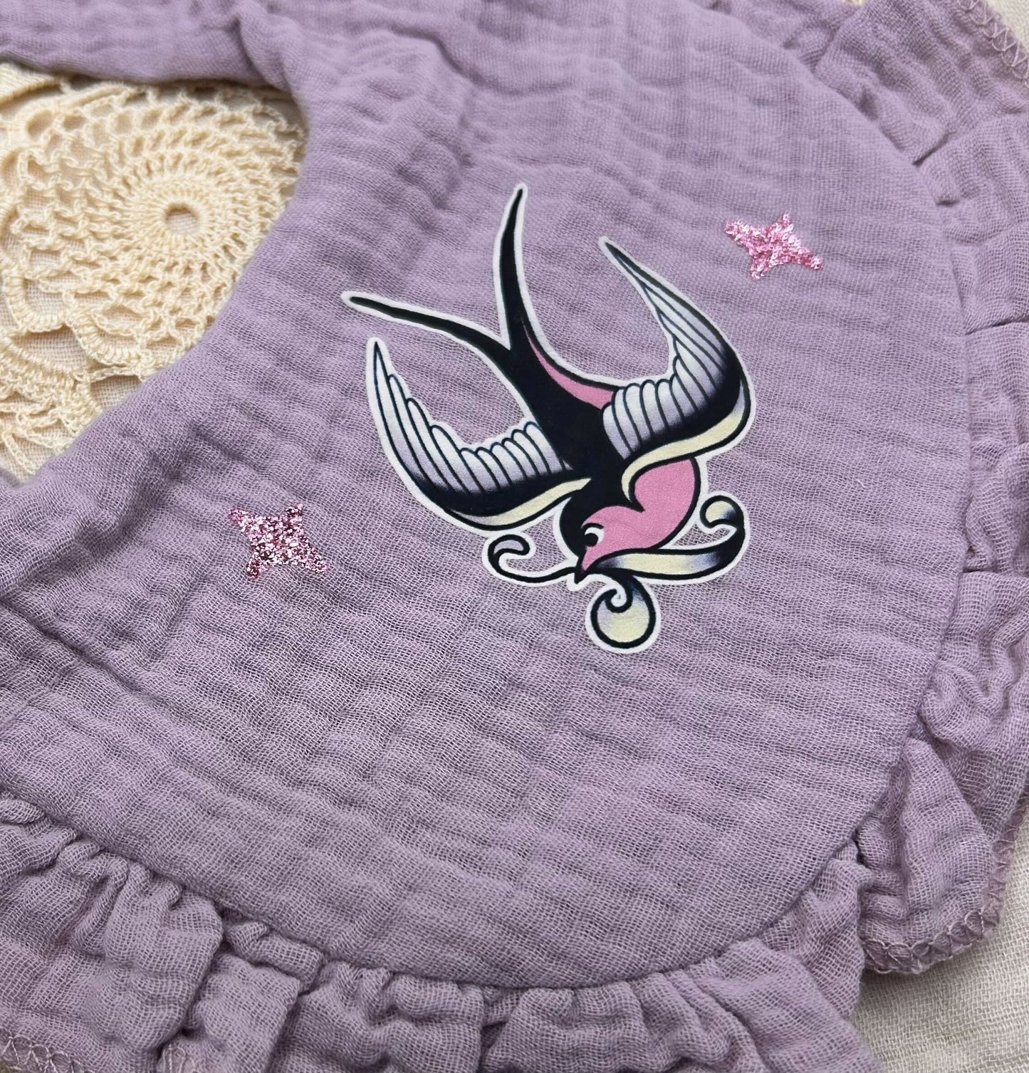 Muslin Frill Bib - Lilac Swallow with Sparkles