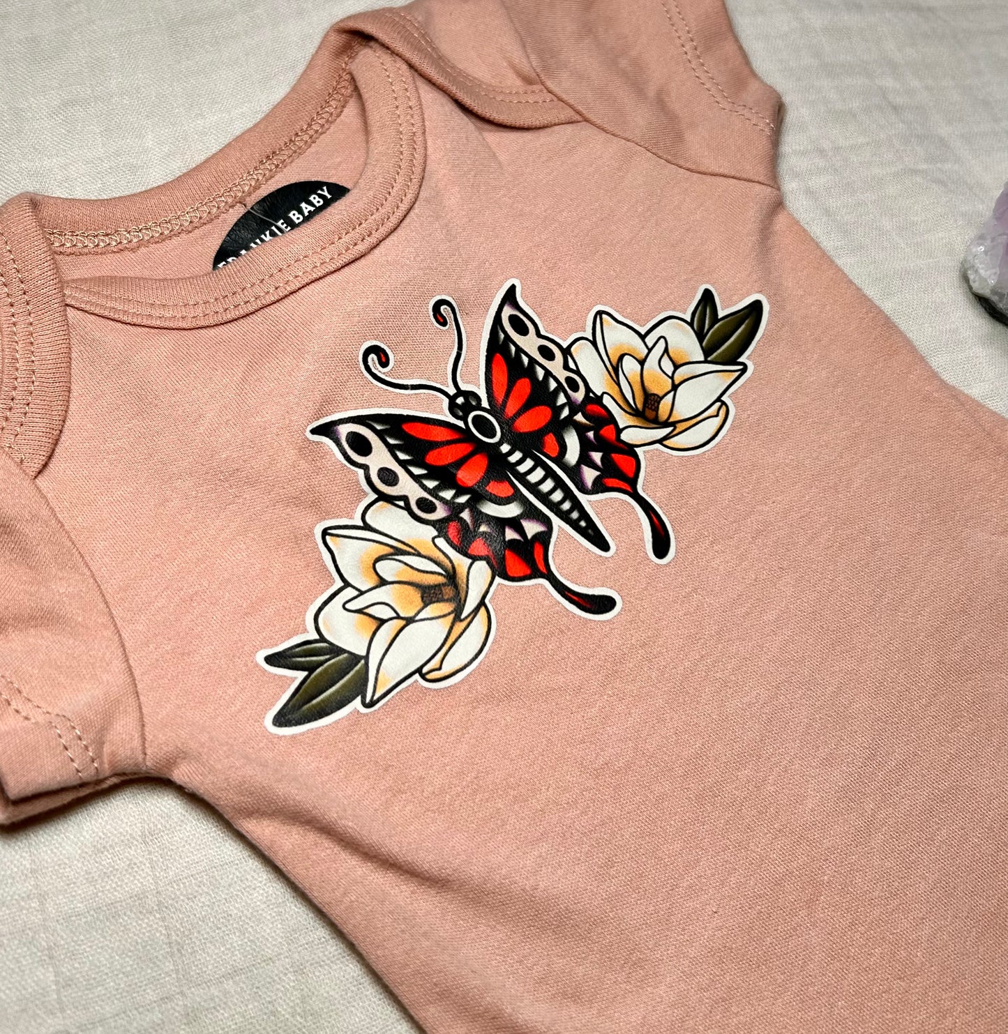 Short Sleeve Onesie - Butterfly and Flowers - Brown