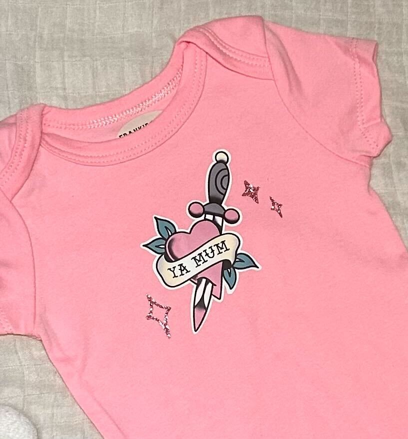 Short Sleeve Onesie - 'Ya Mum' with Sparkles - Pink