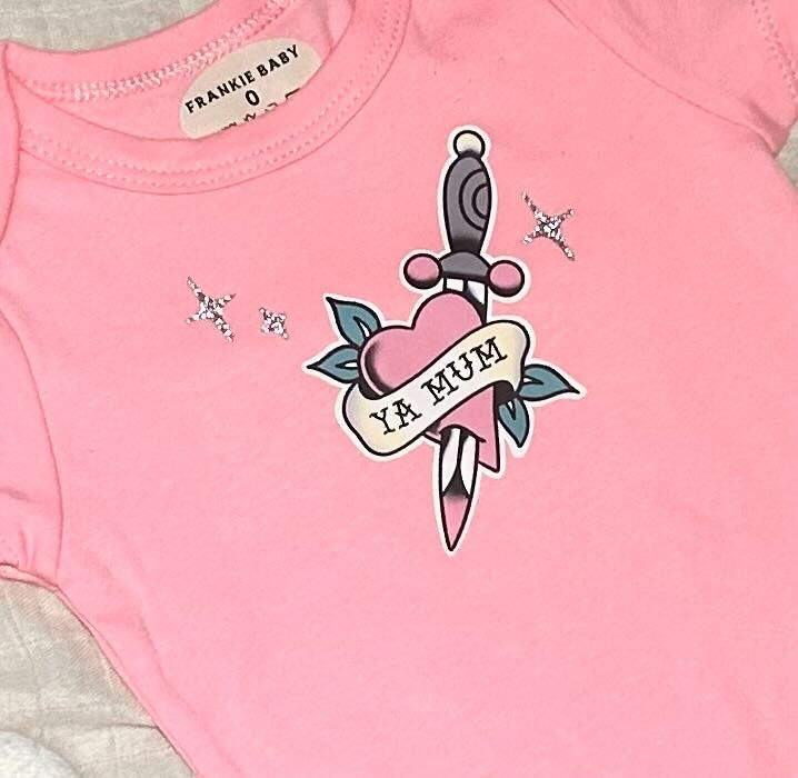 Short Sleeve Onesie - 'Ya Mum' with Sparkles - Pink