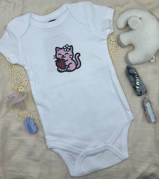 Short Sleeve Onesie - Strawberry Kitty - White