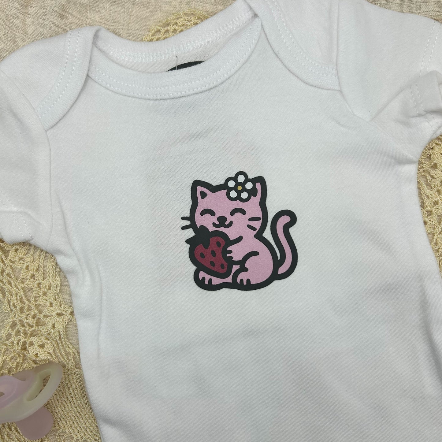 Short Sleeve Onesie - Strawberry Kitty - White