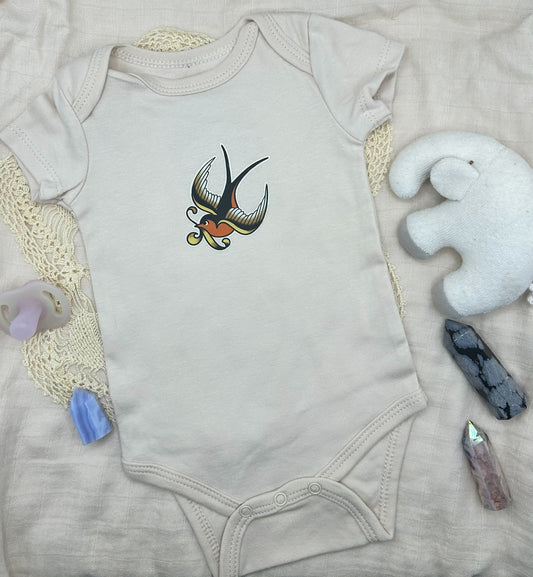 Short Sleeve Onesie - Swallow - Beige