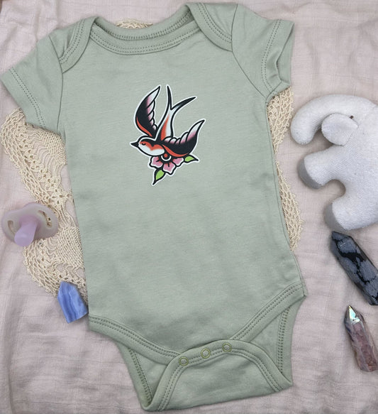 Short Sleeve Onesie - Blossom Swallow - Green