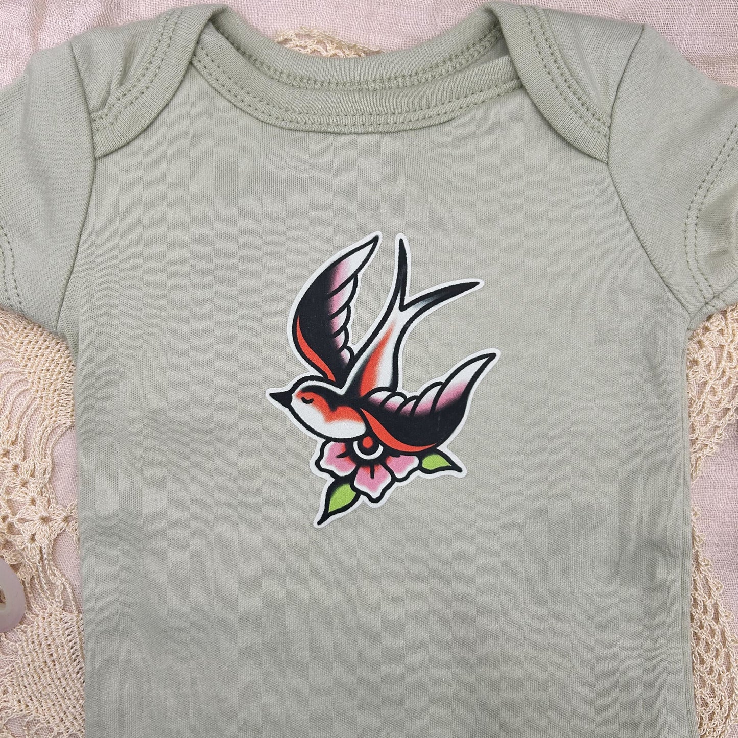 Short Sleeve Onesie - Blossom Swallow - Green
