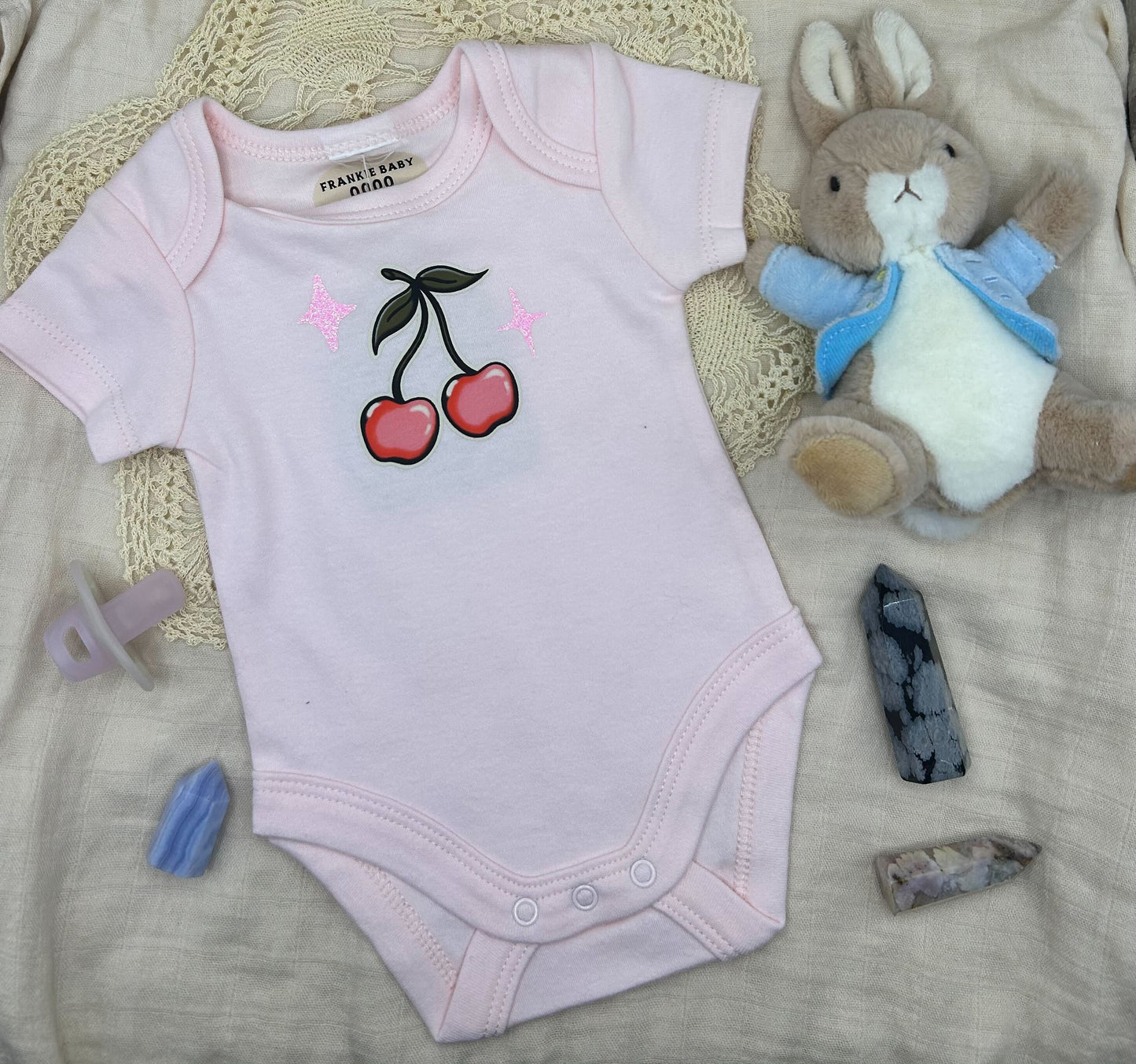 Short Sleeve Onesie - Cherry Sparkles - Pink