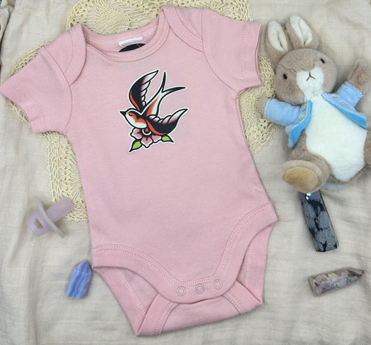 Short Sleeve Onesie - Blossom Swallow - Pink