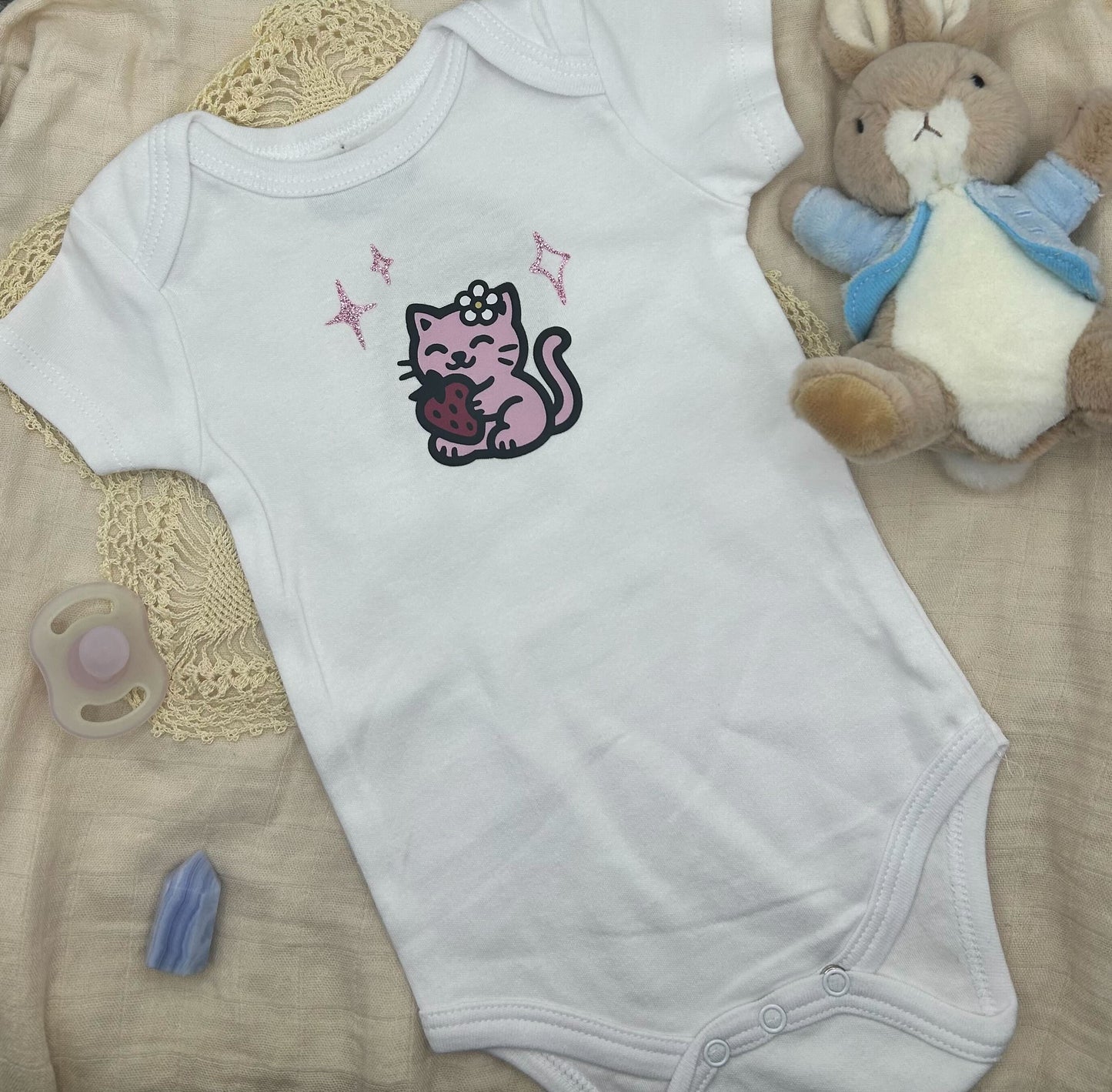 Short Sleeve Onesie - Strawberry Kitty Sparkles V2 - White