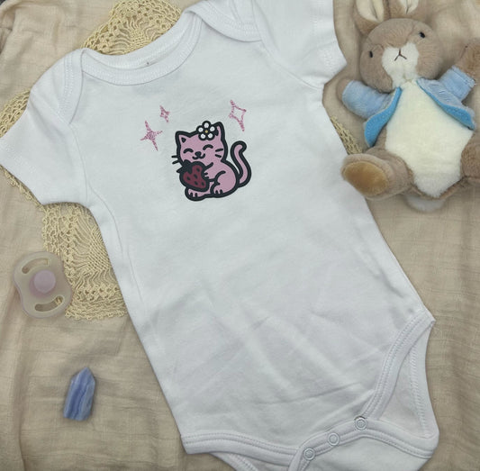 Short Sleeve Onesie - Strawberry Kitty Sparkles V2 - White