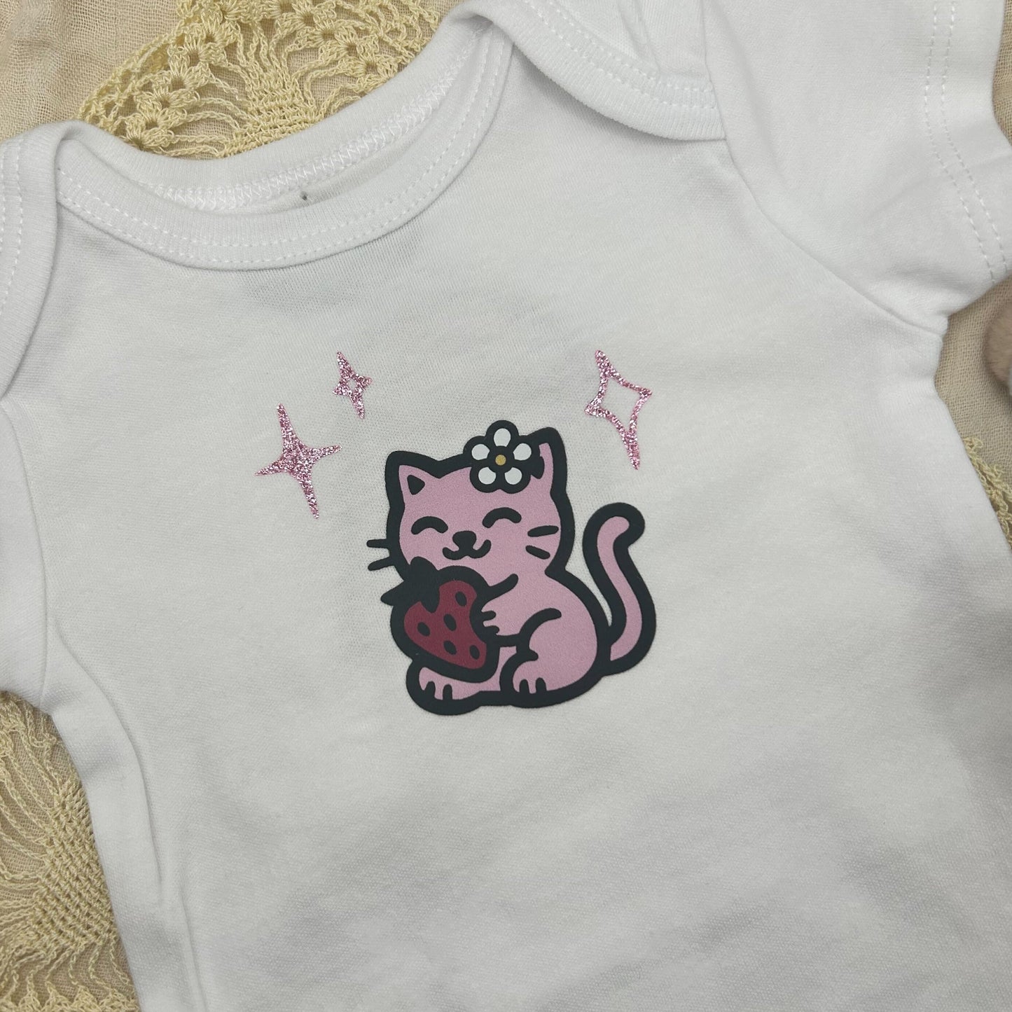Short Sleeve Onesie - Strawberry Kitty Sparkles V2 - White