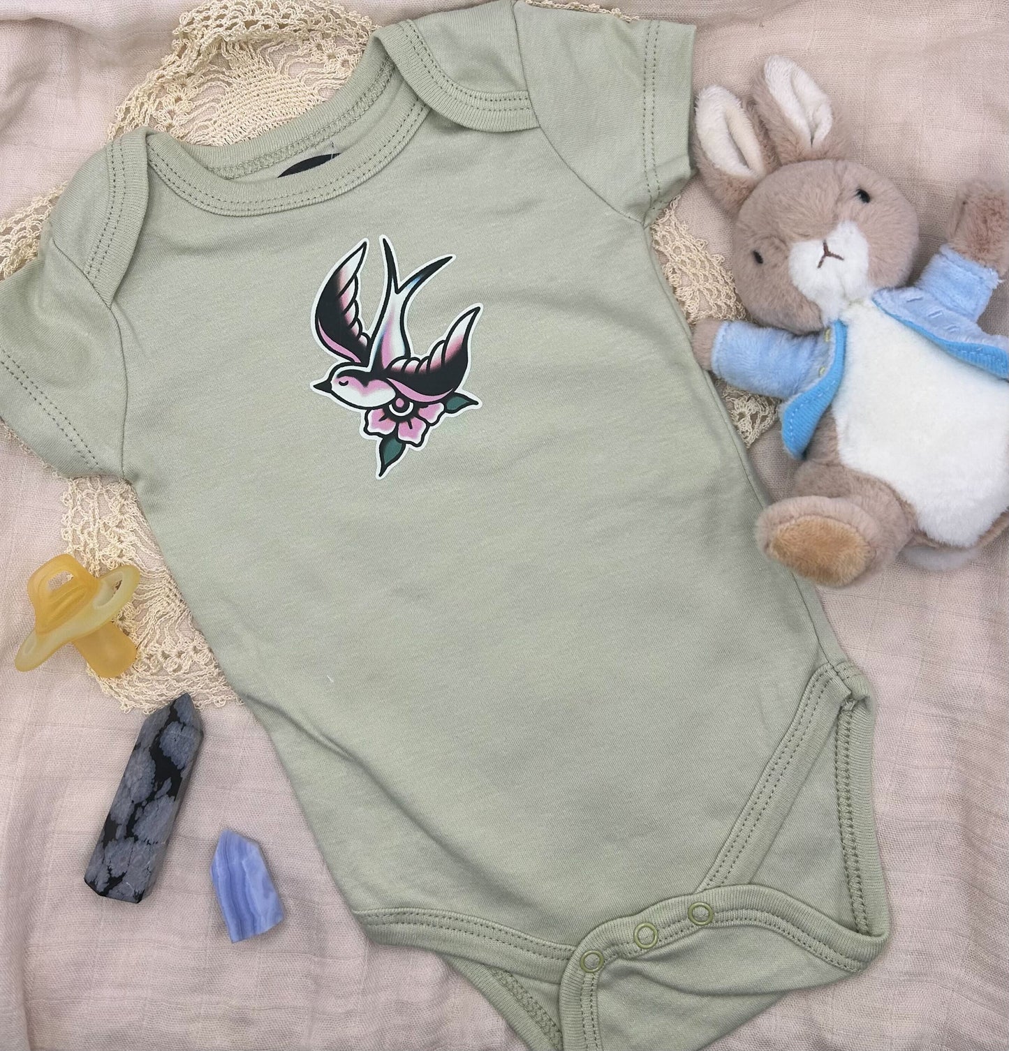 Short Sleeve Onesie - Blossom Swallow - Green