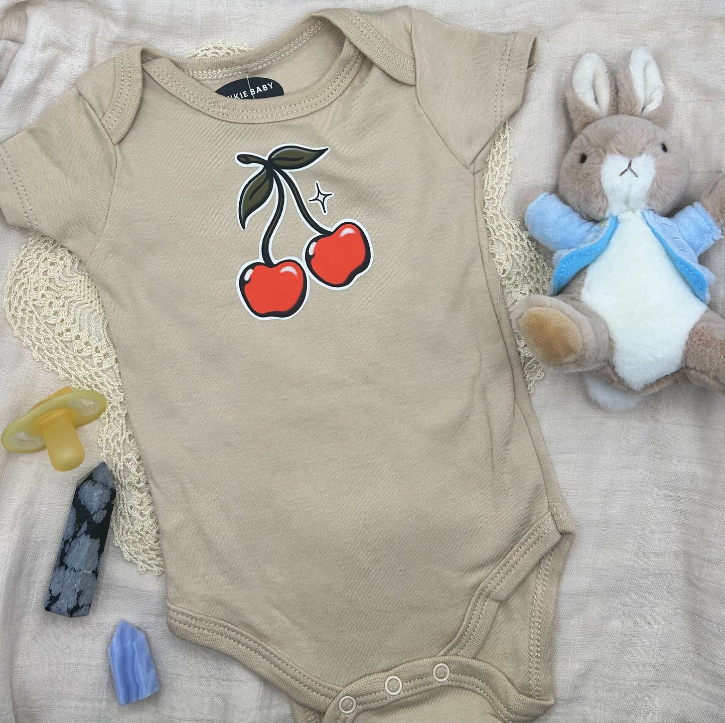 Short Sleeve Onesie - Cherry with Sparkle - Brown
