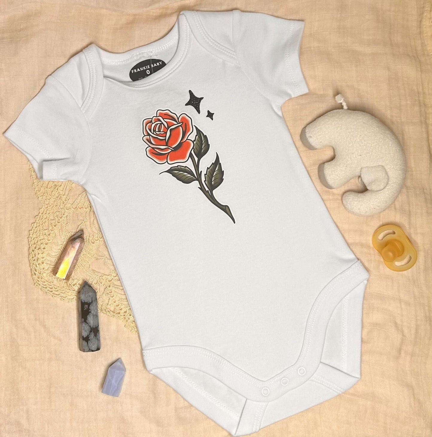 Short Sleeve Onesie - Rose with Sparkles - White