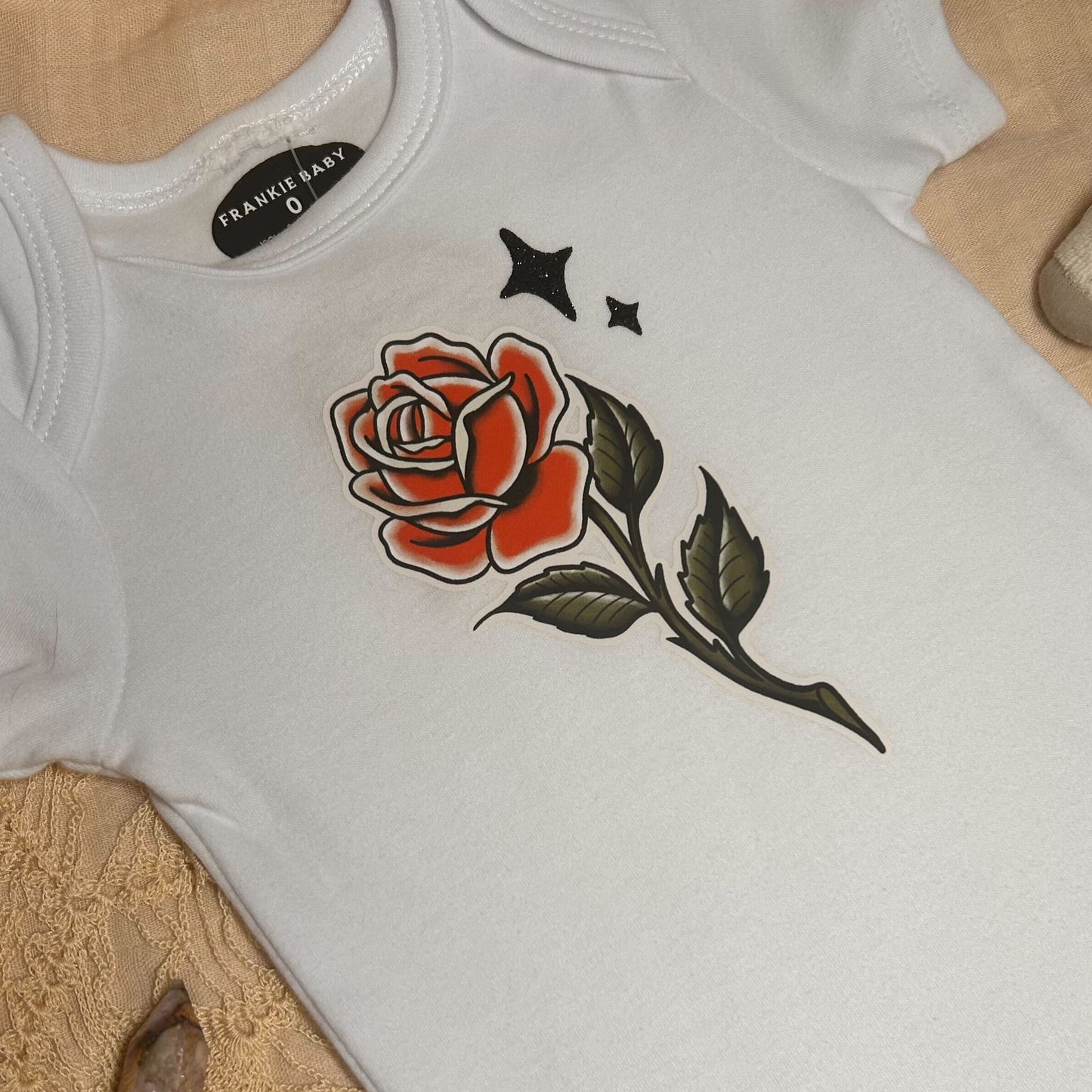 Short Sleeve Onesie - Rose with Sparkles - White