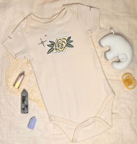 Short Sleeve Onesie - Flower with Black Sparkle - Yellow