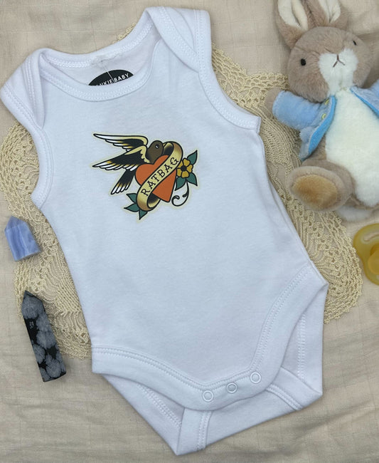 Sleeveless Onesie - White 'Ratbag' Swallow
