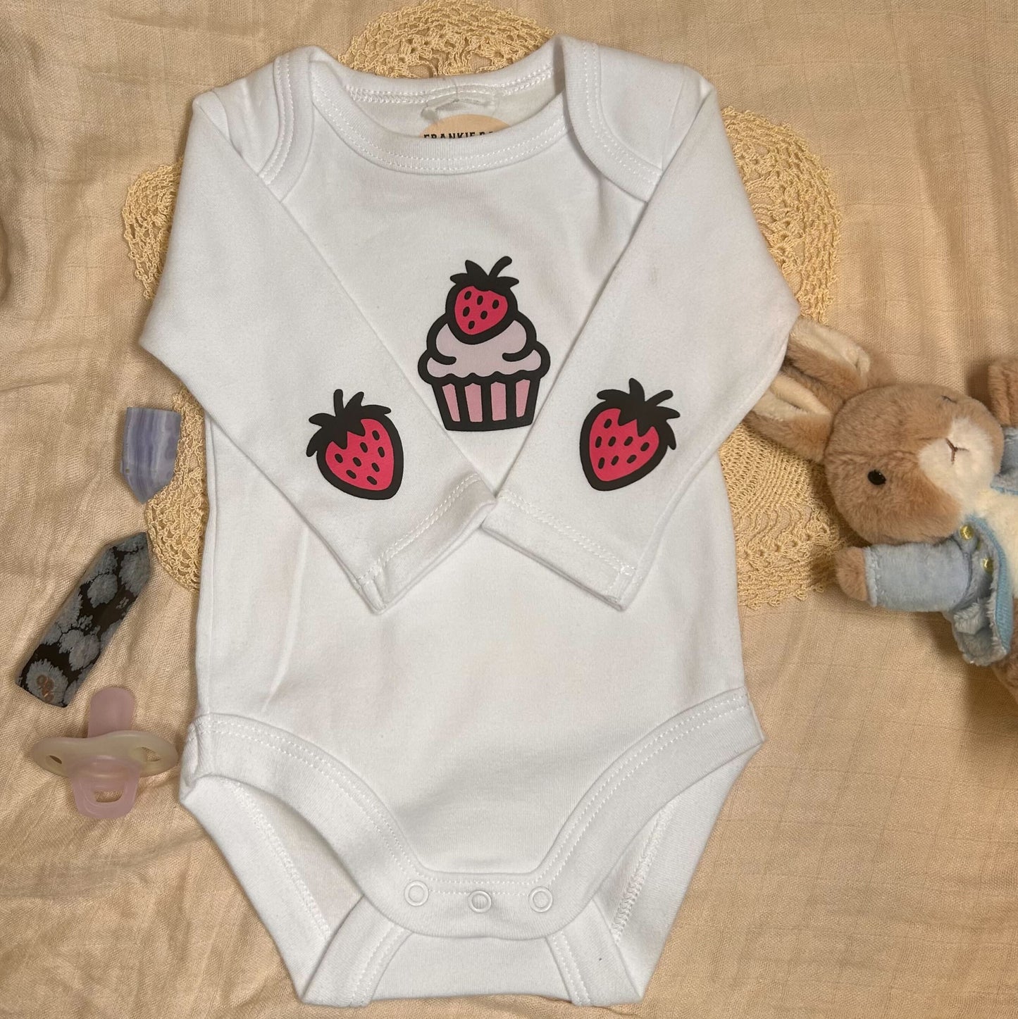 Long Sleeve Onesie - White Cupcake and Strawberries