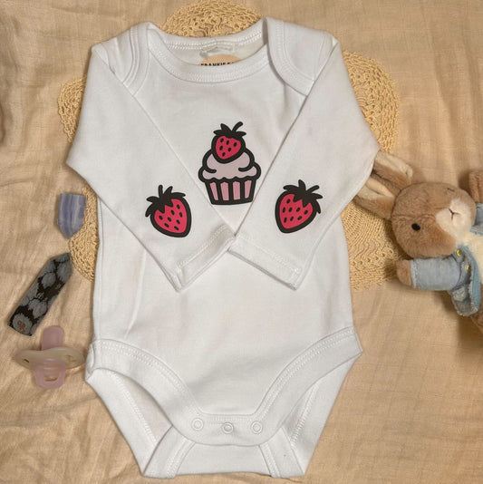 Long Sleeve Onesie - White Cupcake and Strawberries