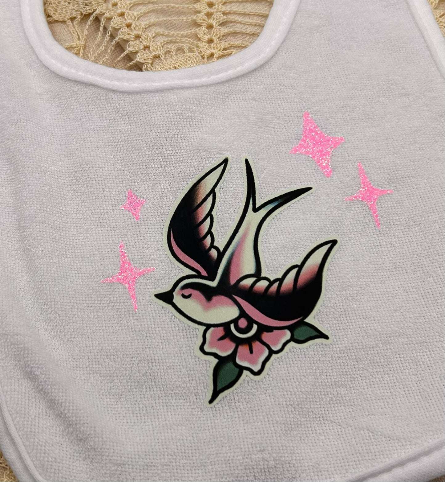 Terry Bib - White Swallow with Sparkles