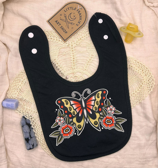 Black Fleece Bib - Butterfly with Flowers