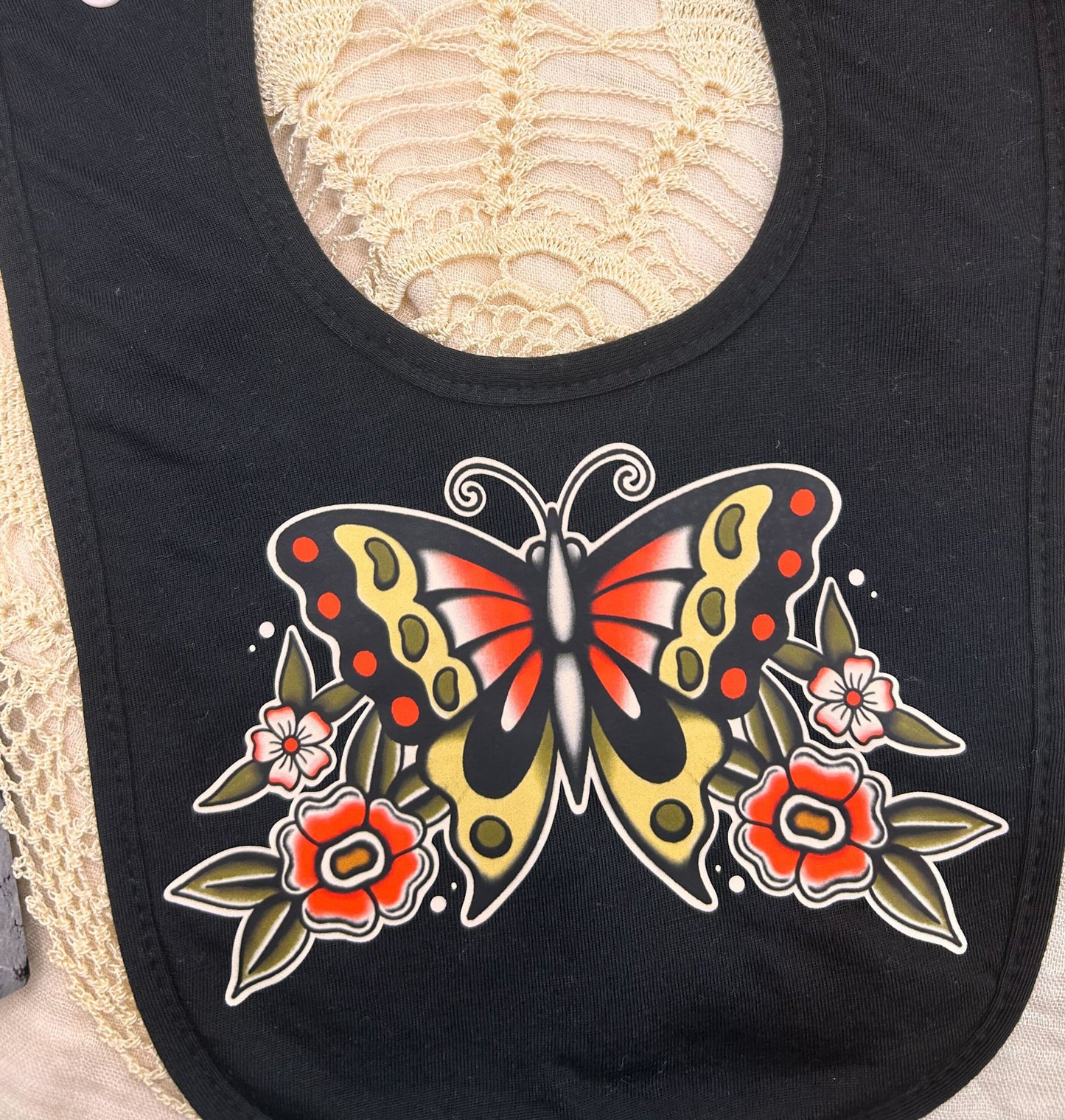 Black Fleece Bib - Butterfly with Flowers