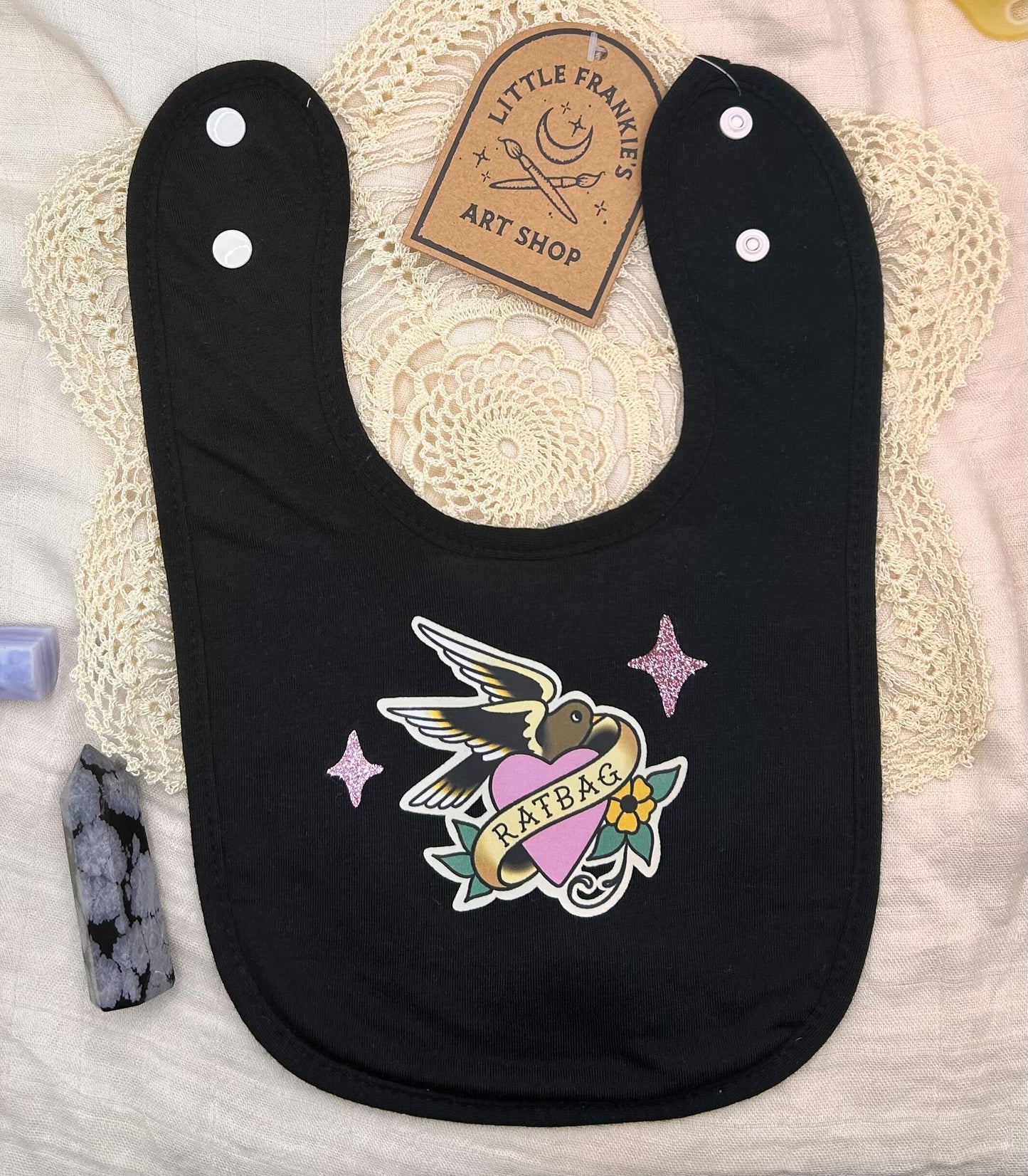 Black Fleece Bib - Ratbag Swallow Pink Sparkles