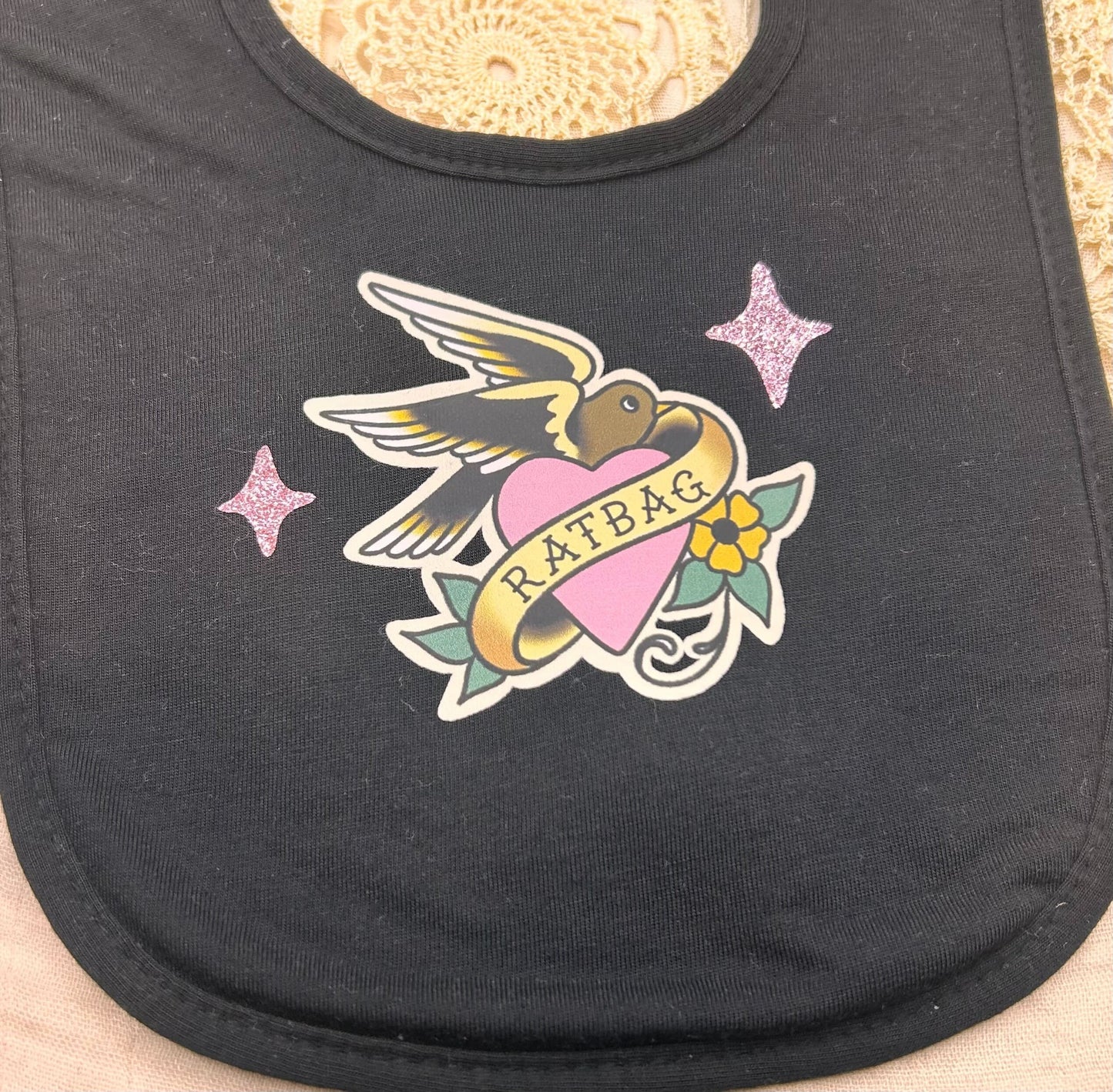 Black Fleece Bib - Ratbag Swallow Pink Sparkles