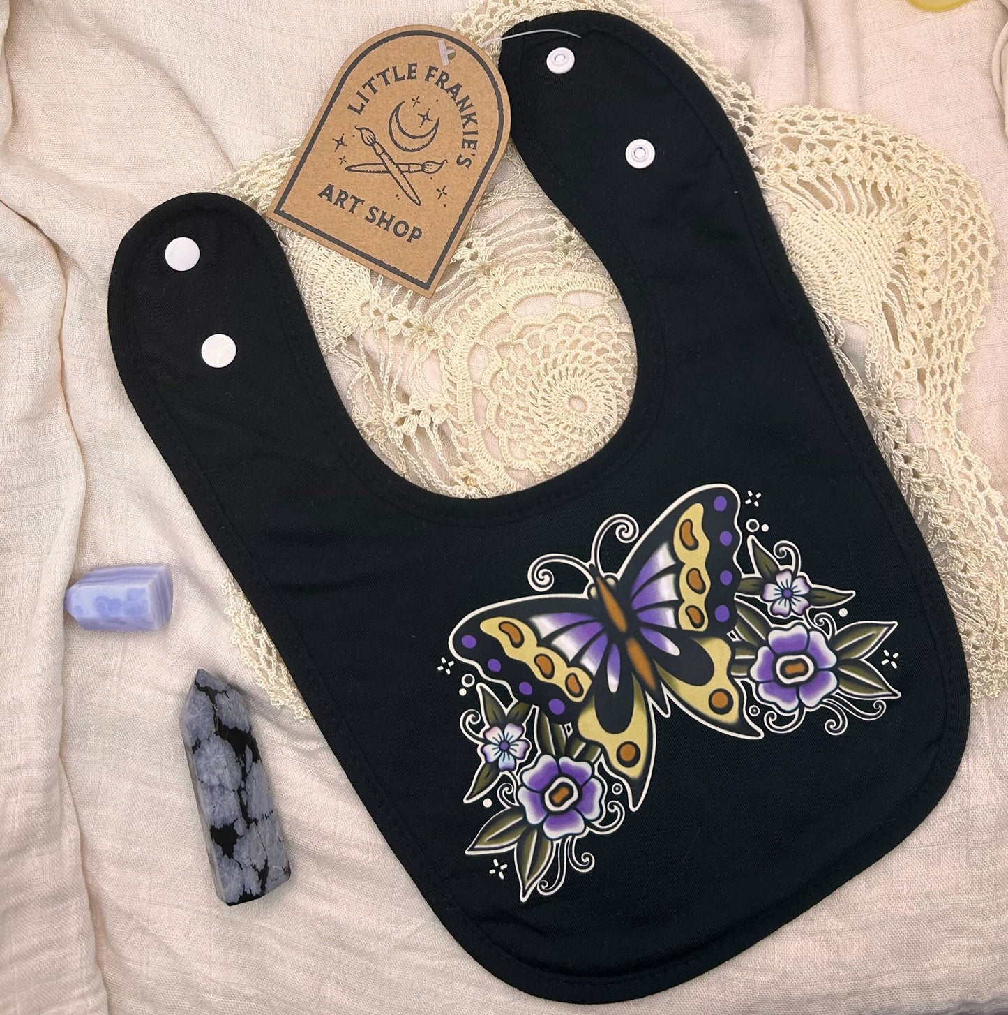 Black Fleece Bib - Purple Butterfly with Flowers