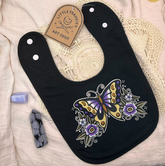Black Fleece Bib - Purple Butterfly with Flowers
