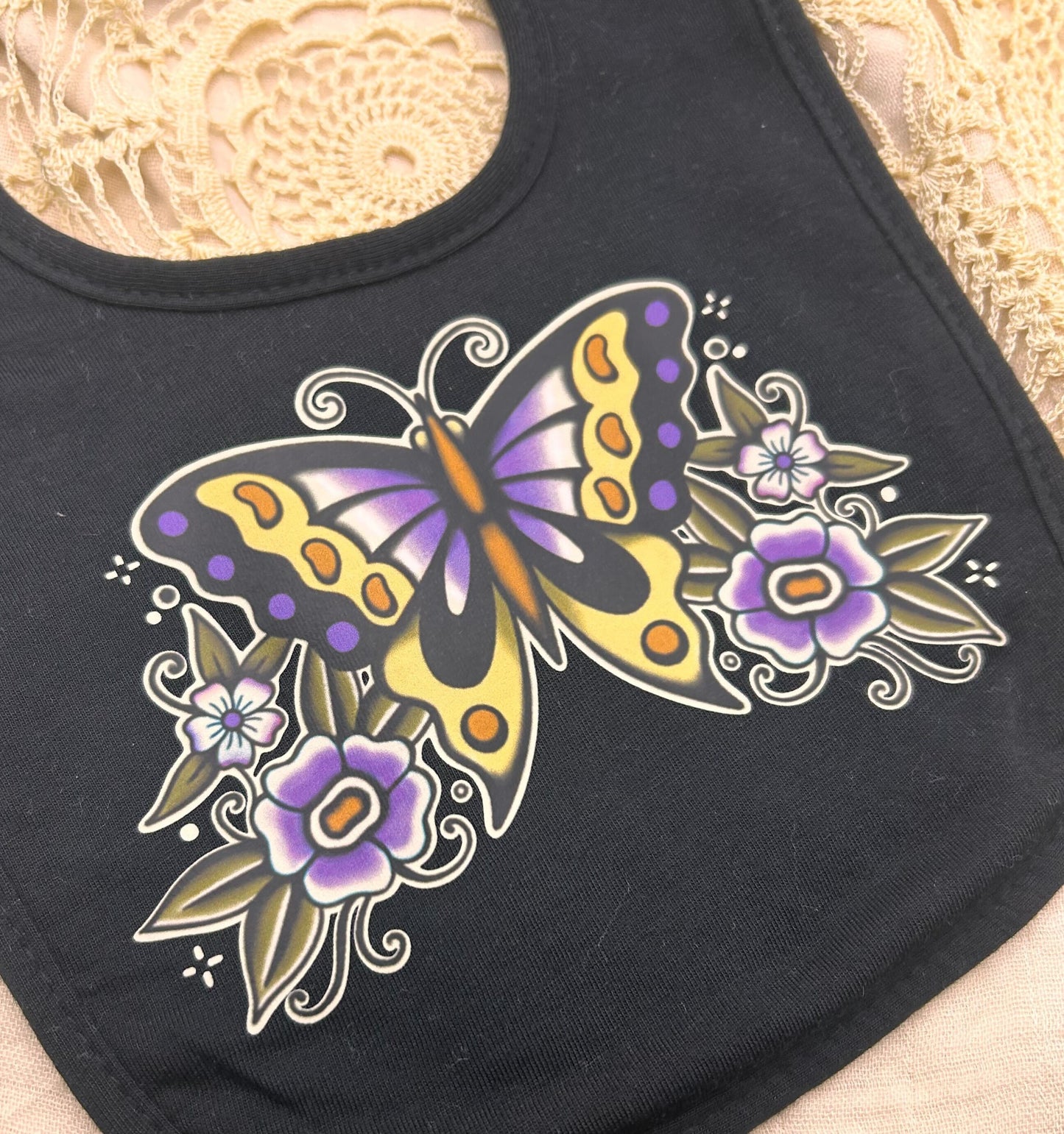 Black Fleece Bib - Purple Butterfly with Flowers
