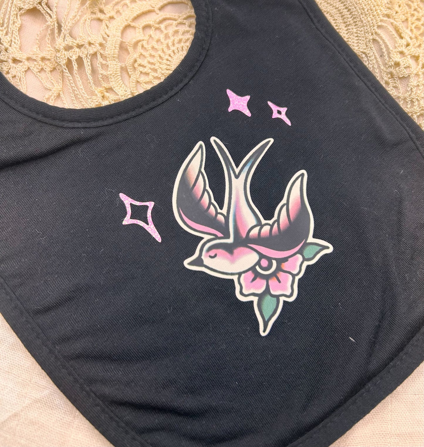 Black Fleece Bib - Cherry Blossom Swallow Sparkles