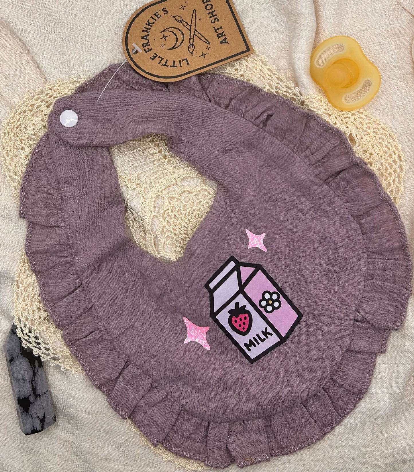 Muslin Frill Bib - Mauve Milk with Sparkles