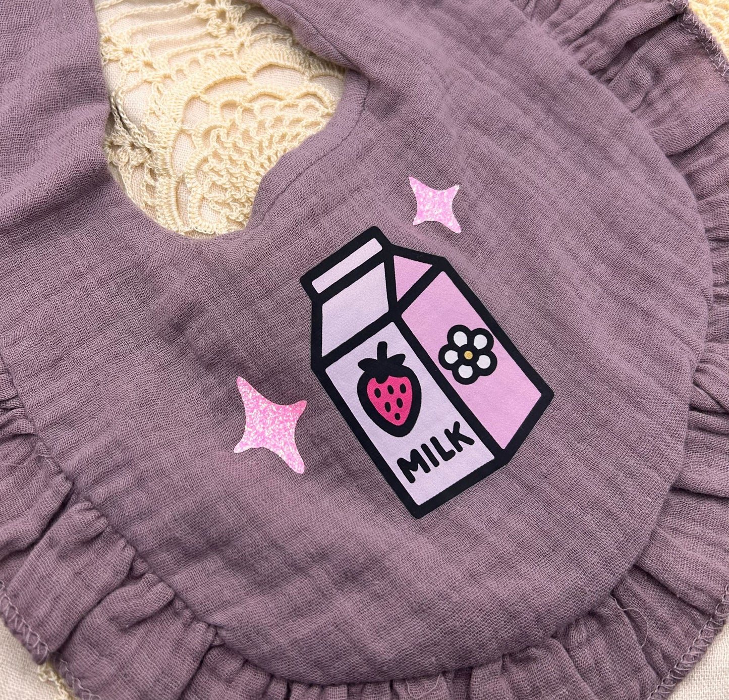 Muslin Frill Bib - Mauve Milk with Sparkles