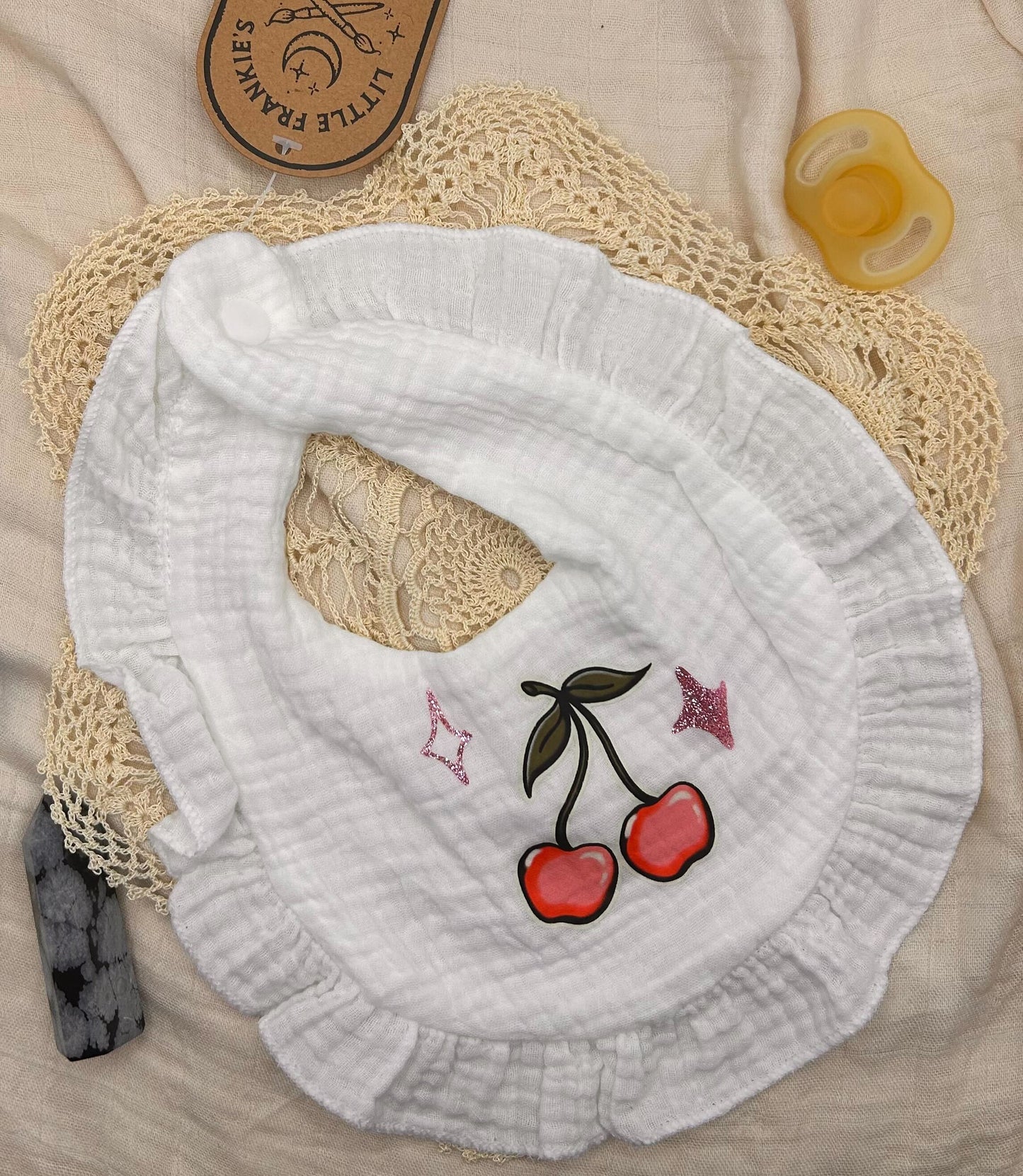Muslin Frill Bib - White Cherry with Sparkles