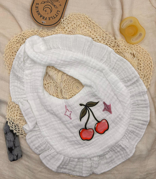Muslin Frill Bib - White Cherry with Sparkles