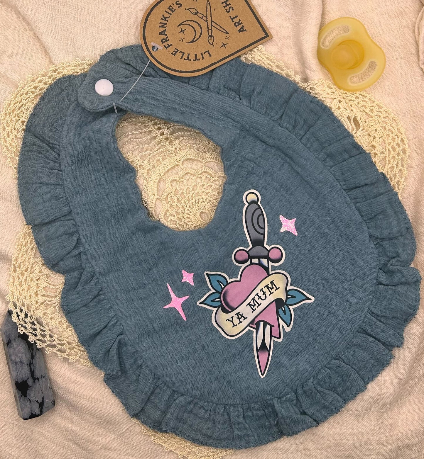 Muslin Frill Bib - Blue 'Ya Mum' with Sparkles