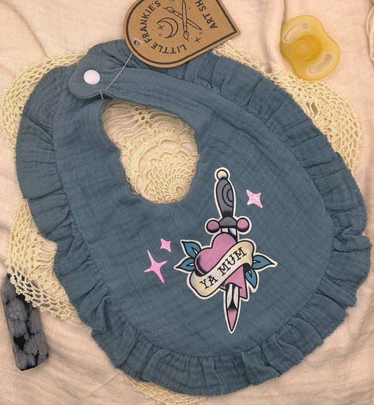 Muslin Frill Bib - Blue 'Ya Mum' with Sparkles