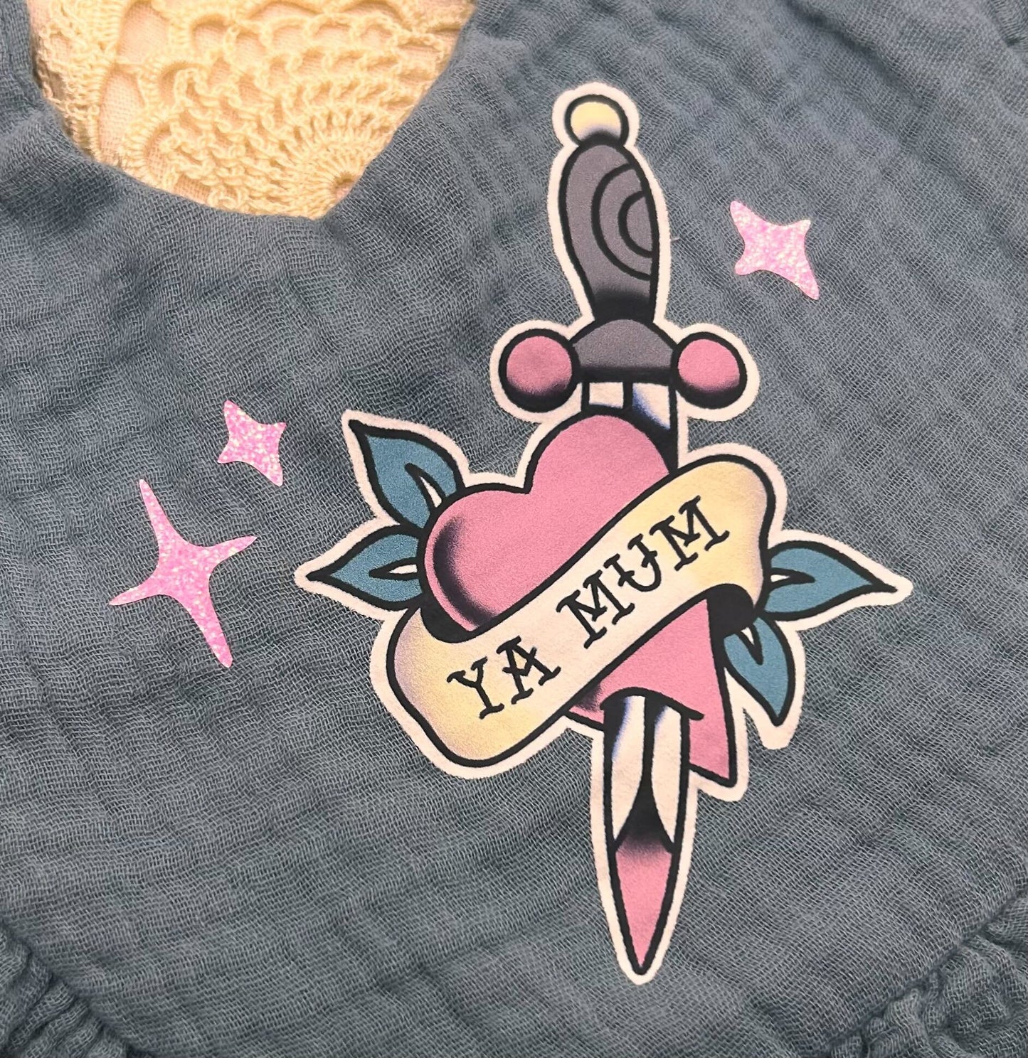 Muslin Frill Bib - Blue 'Ya Mum' with Sparkles