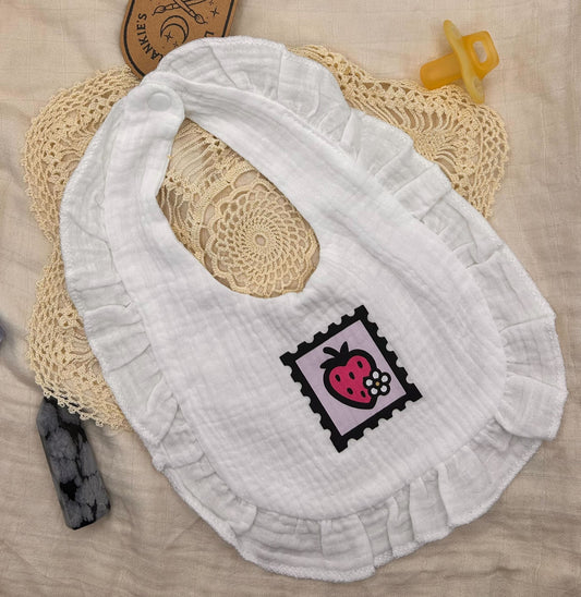 Muslin Frill Bib - White Strawberry Stamps