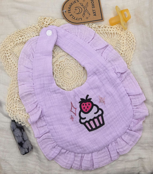 Muslin Frill Bib - Lilac Cupcake with Sparkles