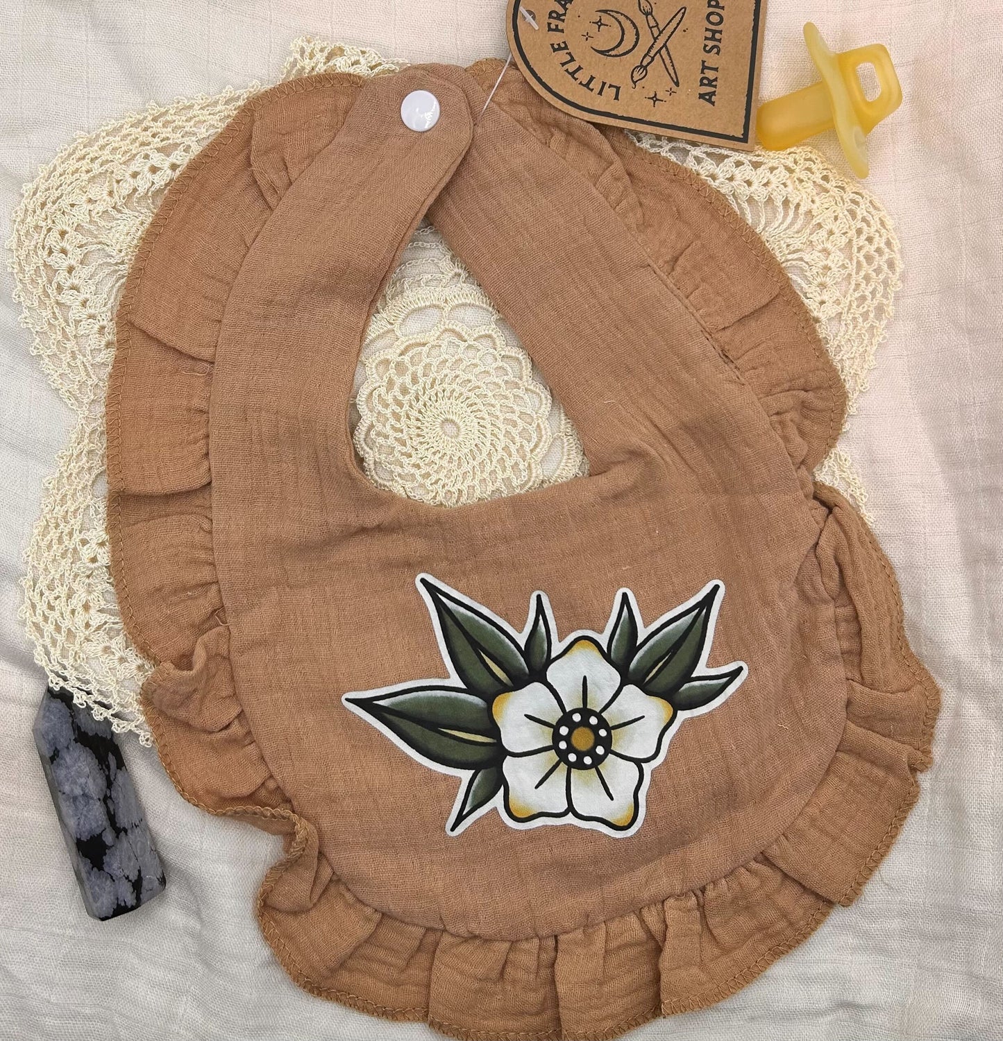 Muslin Frill Bib - Brown Blossom