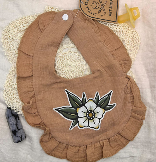 Muslin Frill Bib - Brown Blossom