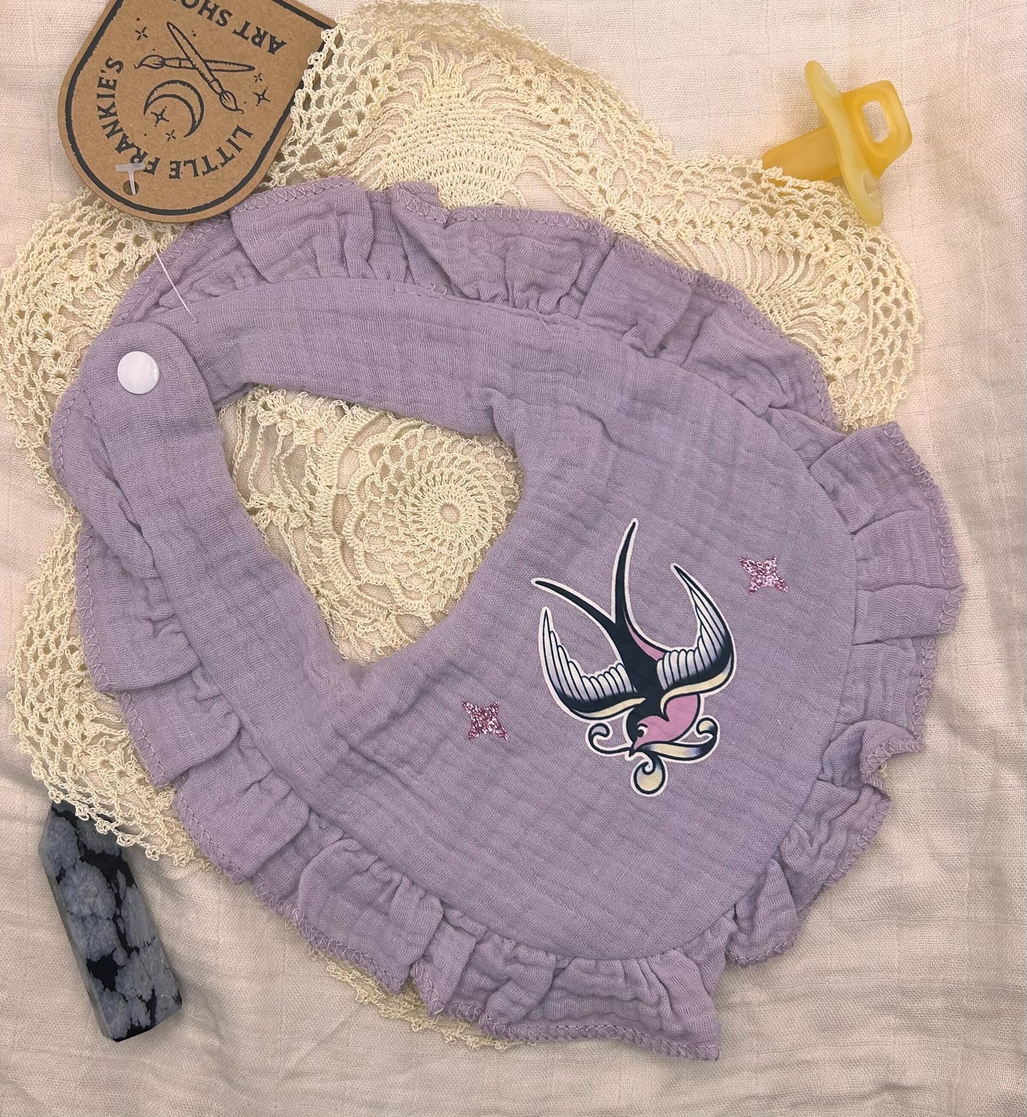 Muslin Frill Bib - Lilac Swallow with Sparkles